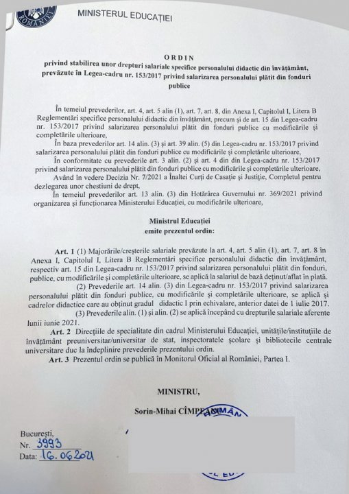Este oficial. Specialul, meritul, dirigenția și simultanul se calculează de la 1 iunie 2021 la salariul de bază aflat în plată