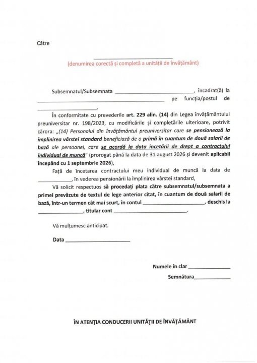 Prima de pensionare în cuantum de două salarii de bază. Model de cerere.
